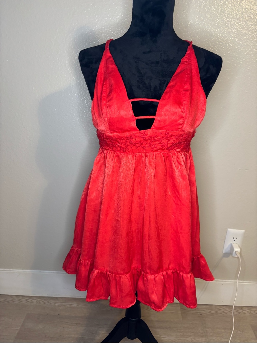Urban Outfitters Red Plunge Chemise Dress with Ruffle Hem Size XS